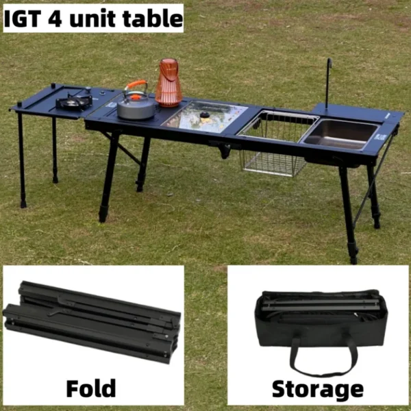 Aluminum IGT camping table unfolded at a campsite with legs extended for cooking