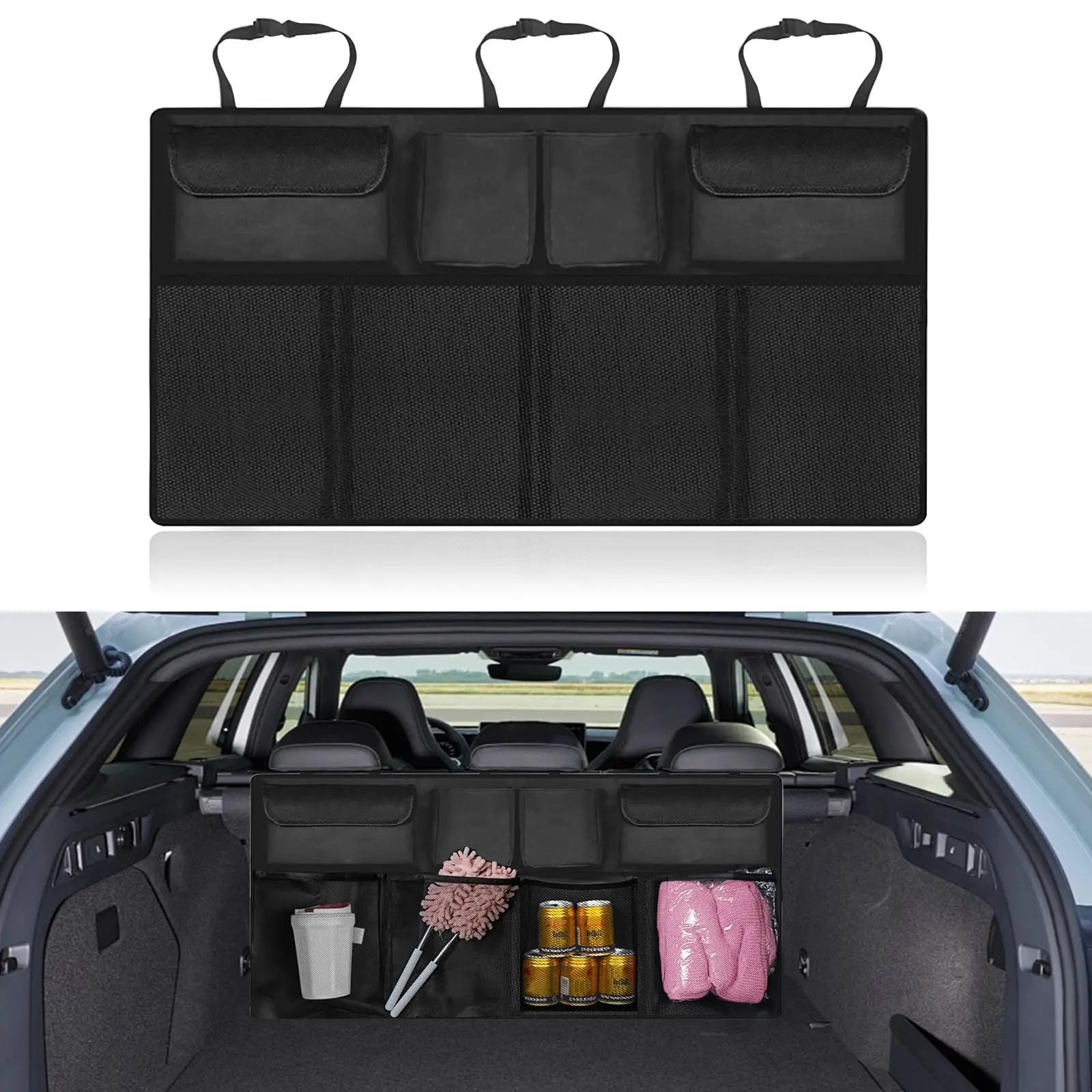 Mesh Pocket Backseat Organizer, Oxford Hanging Trunk Bag 1 Black Oxford mesh pocket backseat organizer hanging from rear headrests filled with supplies