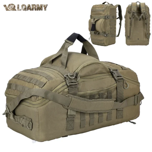 Convertible duffel backpack in OD green with hidden straps and padded carry handle