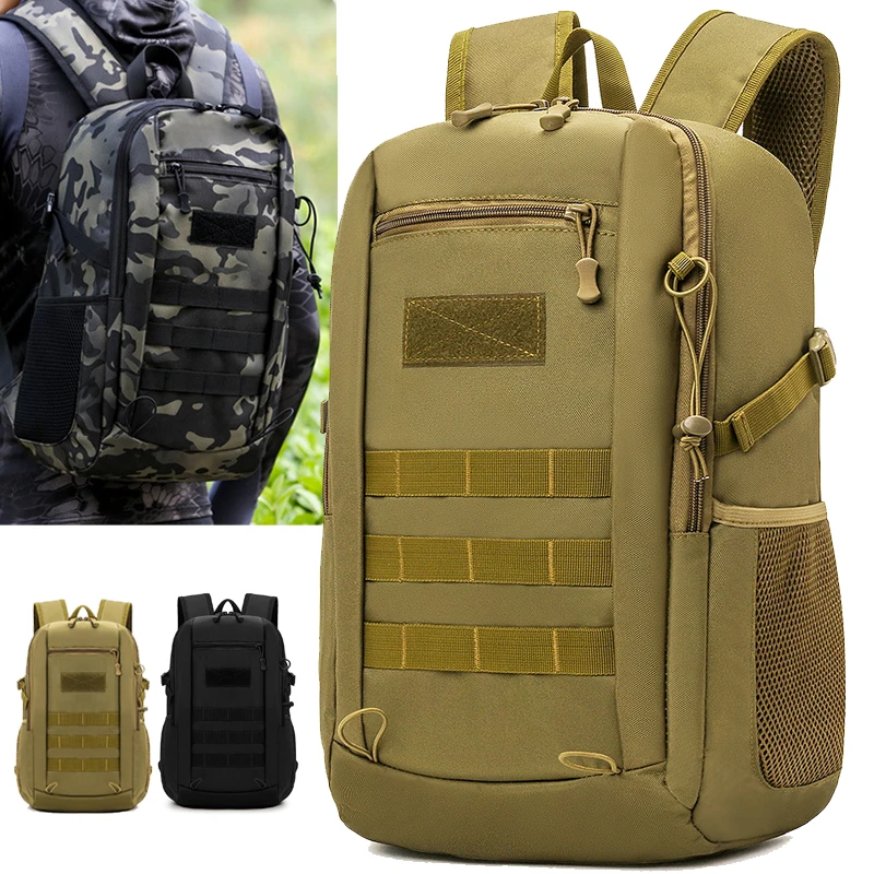Mini Tactical Daypack 10L or 20L MOLLE Backpack for Hiking 1 Mini tactical daypack in khaki with MOLLE webbing shown in small and large sizes