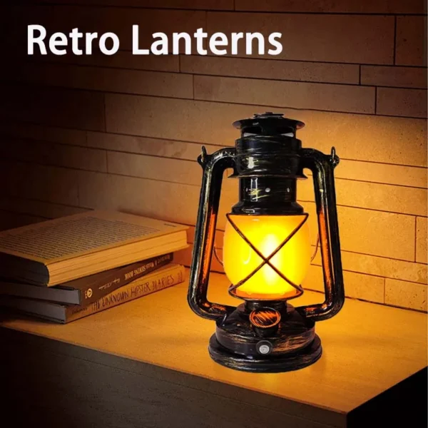 Vintage camping lantern in bronze iron shell glowing with a warm white flame effect