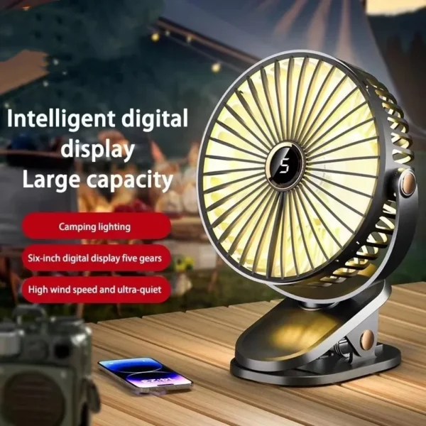 Clip on rechargeable fan attached to a table edge with its night light switched on