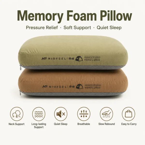 Slow rebound foam pillow in green resting on a sleeping pad inside a camping tent