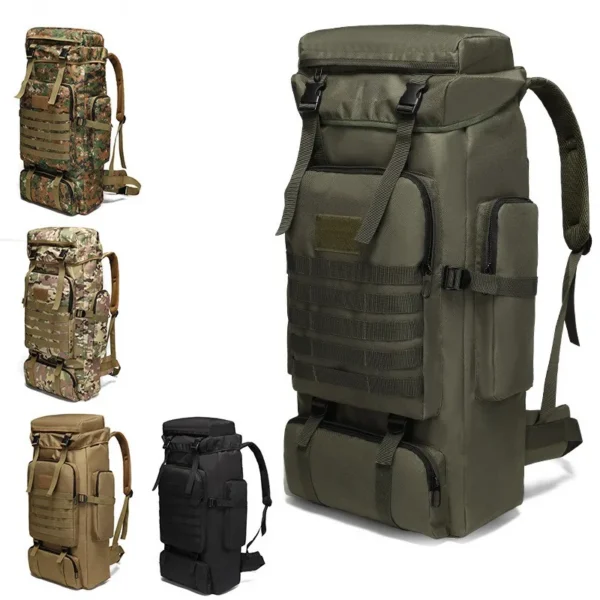 Oversize tactical backpack in tan 600D fabric with molle webbing and front pouch