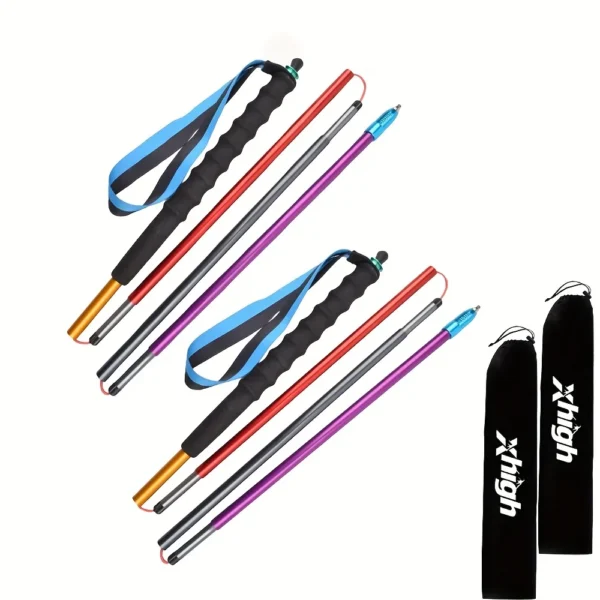 7075 aluminum trekking poles shown folded and extended with EVA foam grips and wrist straps
