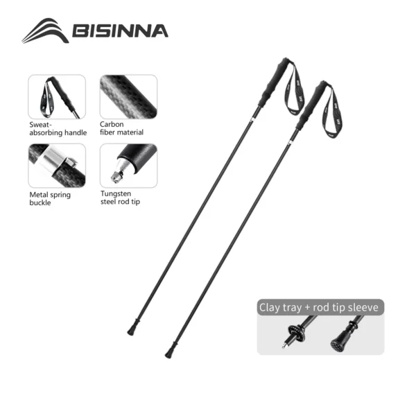 Folding carbon trekking poles pair in black carbon fiber with EVA grips shown folded