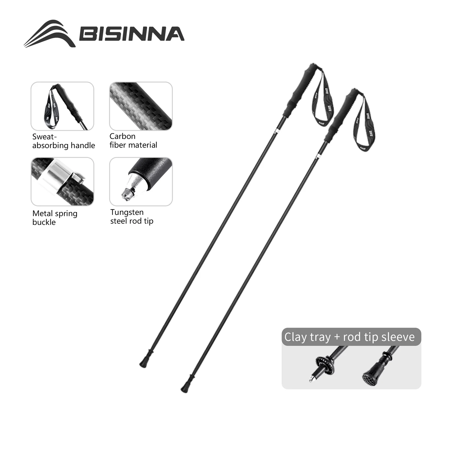 Folding Carbon Trekking Poles 2 Pack 3K Ultralight Bisinna 1 Folding carbon trekking poles pair in black carbon fiber with EVA grips shown folded