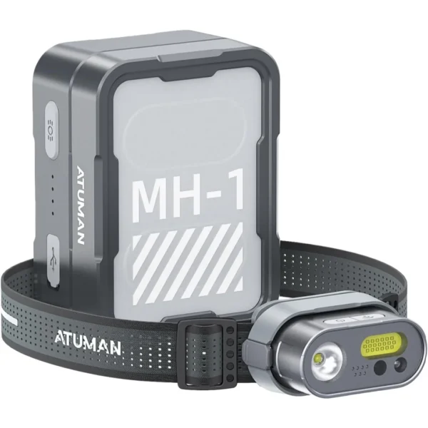 ATUMAN 3000 lumen headlamp with motion sensor window and adjustable black headband