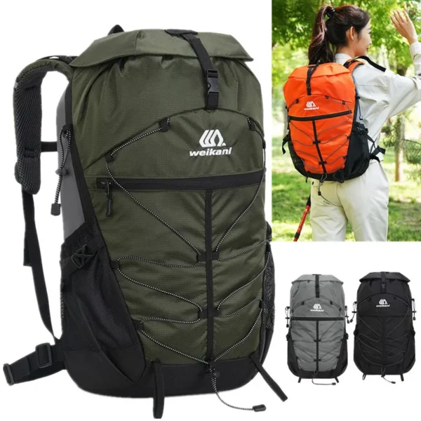 35 liter camping backpack in orange Oxford fabric with hose outlet and reflective stripes