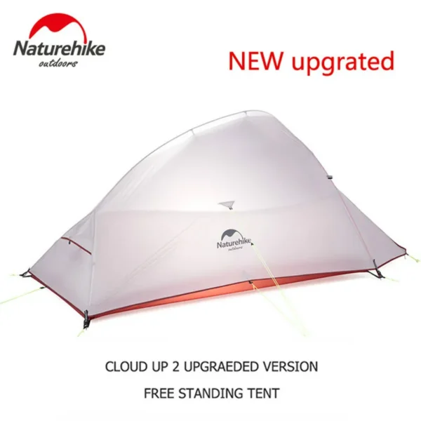 Nylon backpacking tent with double layer rainfly and aluminum poles pitched outdoors