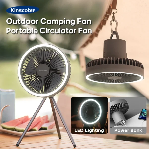 Rechargeable camping fan in white on a camp table under an awning