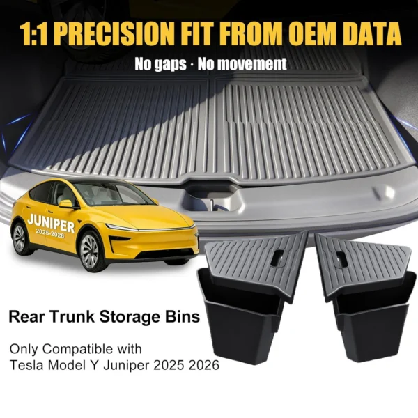 Black waterproof side trunk box with flocked lids and lift rope fitted in a Tesla Model Y Juniper