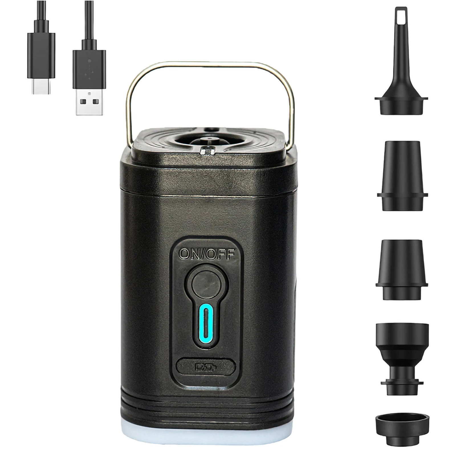 Rechargeable Electric Air Pump with LED Light, 5 Nozzles, Type-C 1 Rechargeable electric air pump in black with LED light on and five interchangeable nozzles