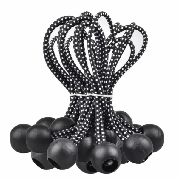 Ten ball bungee cords in elastic Oxford rope securing a tarp grommet to a camping pole