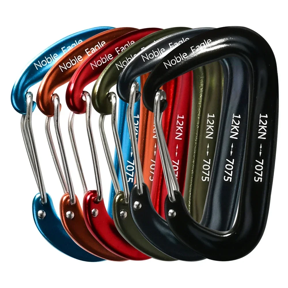 Aluminum Carabiner Set, 6 Pack 12kN 7075 D Ring Clips 1 Aluminum carabiner set of six colorful D ring carabiners laid out on a wooden table