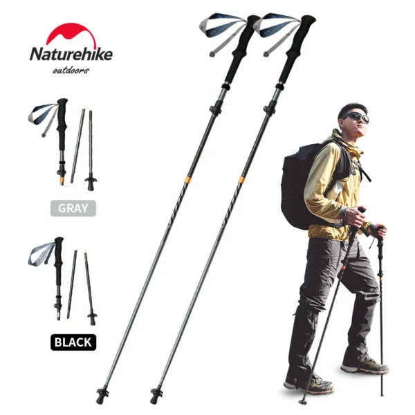 Carbon folding hiking poles in black with EVA grips, shown folded into three sections