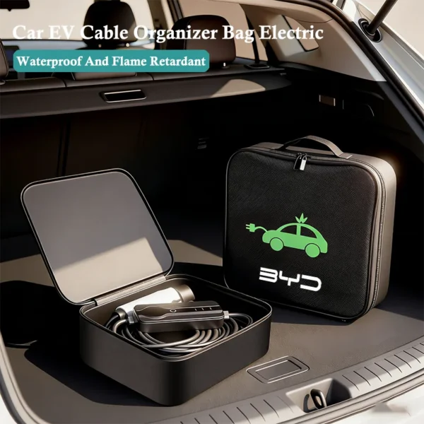 Round Oxford cloth EV charging cable bag holding a coiled charger cable in a car trunk