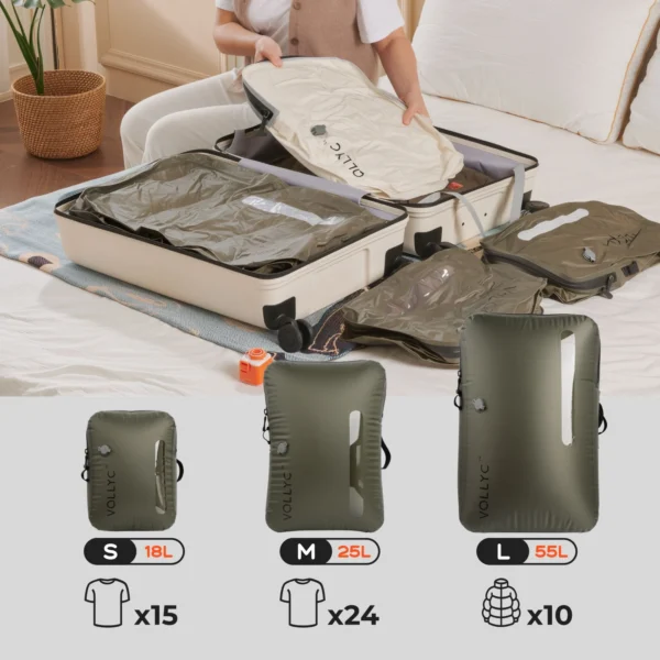 Travel vacuum compression bag in military green compressed flat with clothes packed inside
