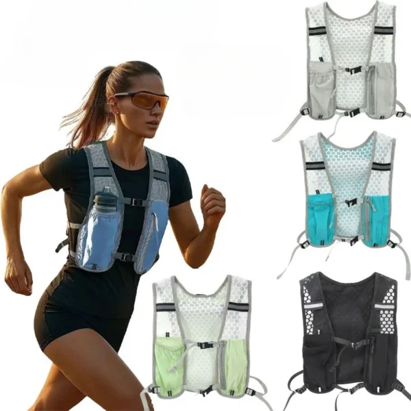 Running hydration backpack in gray polyester with water bag and adjustable shoulder straps