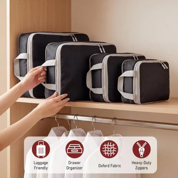 Double zipper compression cubes in four sizes from small to extra large with side carry handles