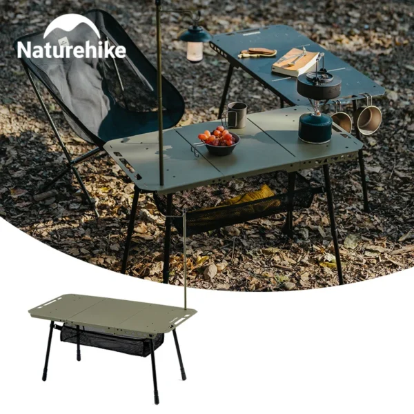 Tactical IGT folding table in green aluminum with adjustable legs set up as a camp kitchen