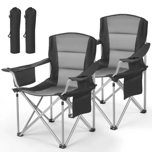 Padded oversized camping chairs set of two with armrest cooler bags at a lakeside campsite