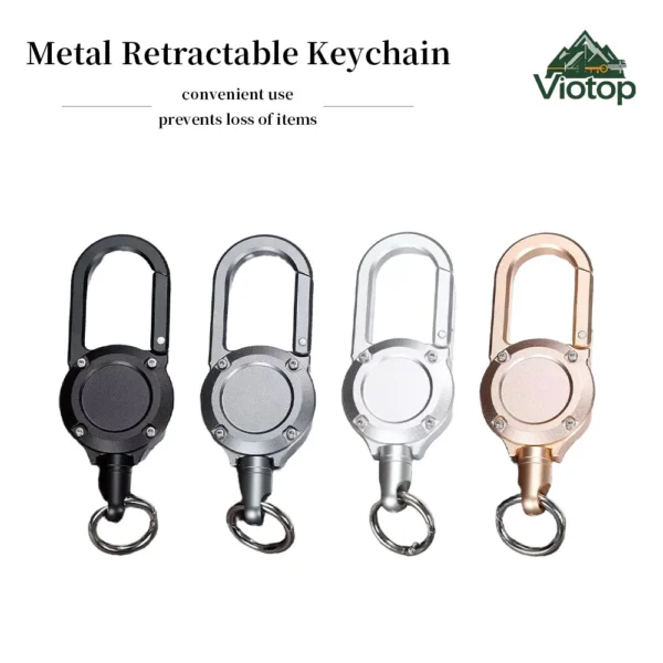 Retractable carabiner keychain in black aluminum alloy with metal key ring and keys