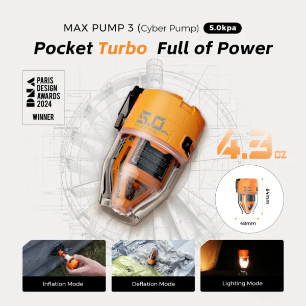 Electric air bed pump with ambient light, nozzles and storage bag for camping air mattresses