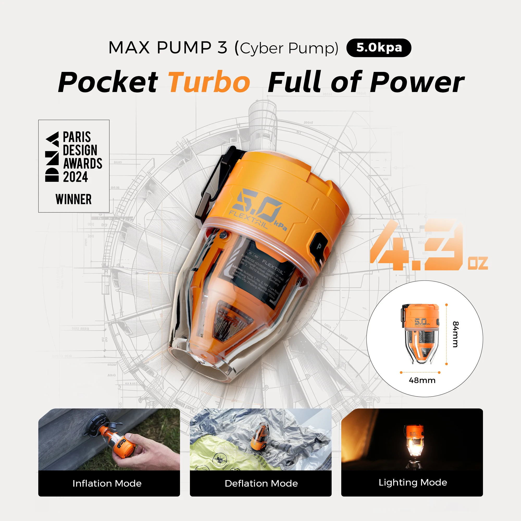 Rechargeable Camping Air Pump with Light, FLEXTAIL MAX PUMP 3 1 Rechargeable camping air pump with its light on, inflating an air mattress in a tent