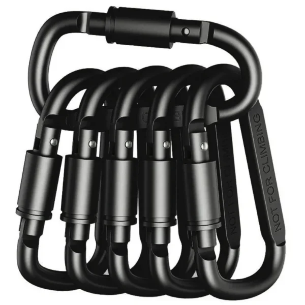80mm aluminum carabiner clips in black D-type design shown as a set of six