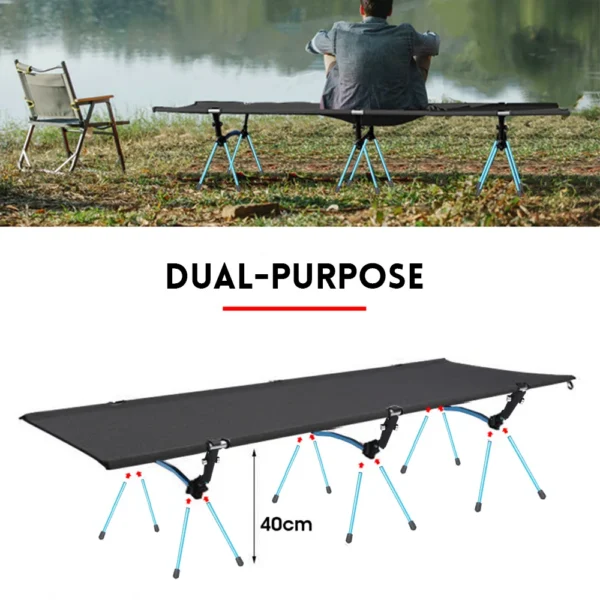 Aluminum folding camping cot with 7075 aluminum frame set up beside a tent at a forest campsite