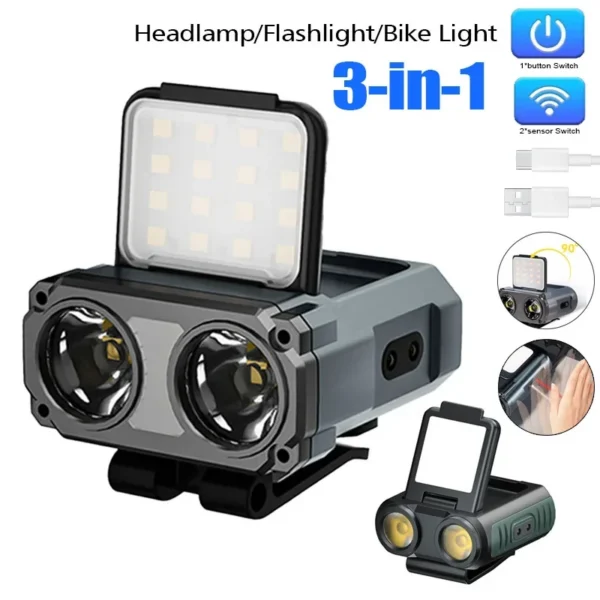 COB cap clip headlamp with wide COB light strip and focused LED on a gray body