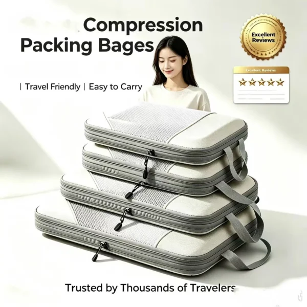Lightweight suitcase packing cubes in black arranged inside an open suitcase with folded clothes
