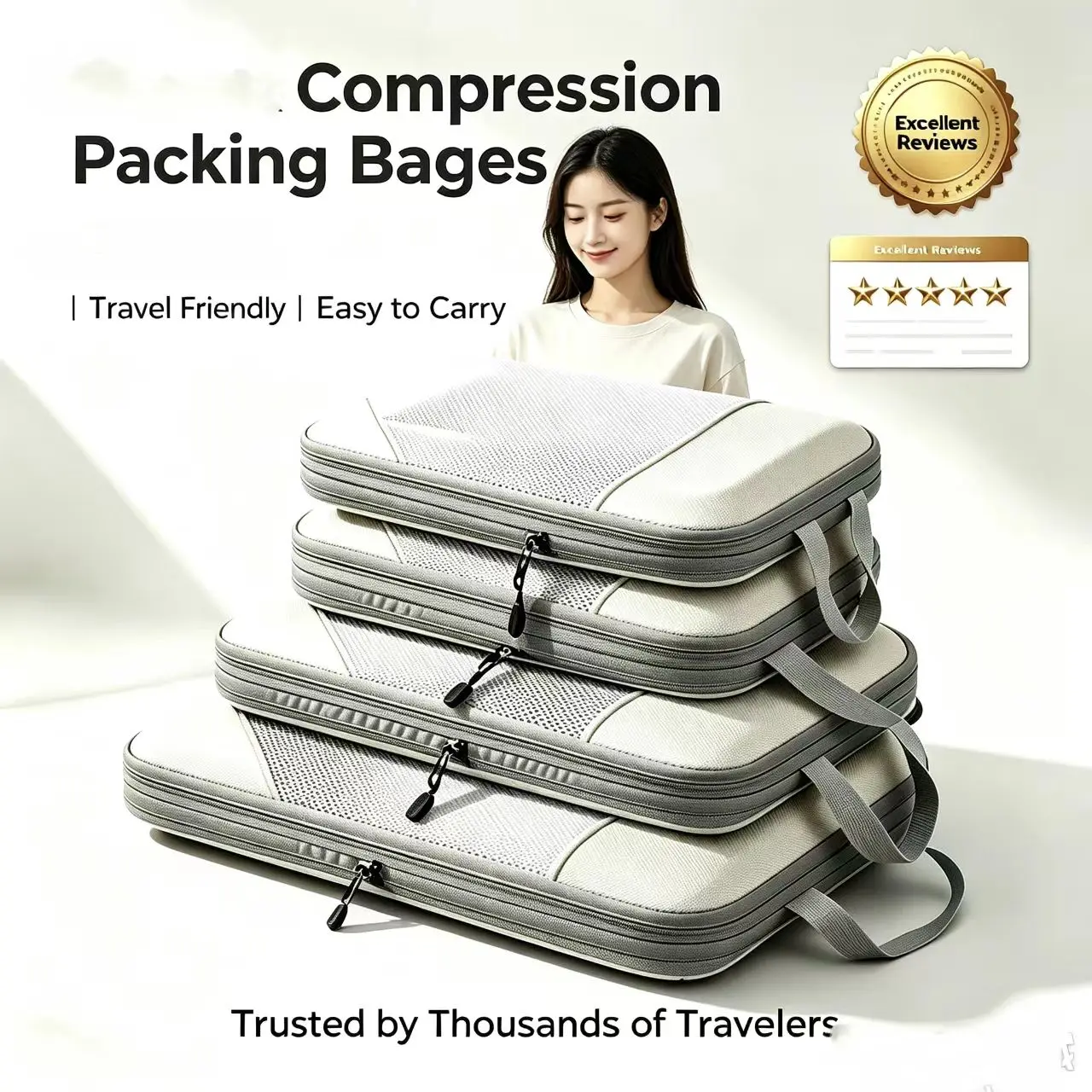 Lightweight Suitcase Packing Cubes, Expandable 3 to 8 Piece Sets 1 Lightweight suitcase packing cubes in black arranged inside an open suitcase with folded clothes