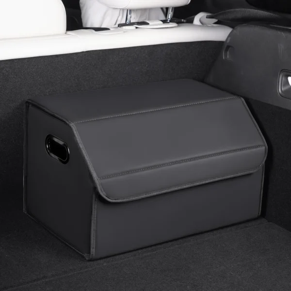 Black partitioned trunk storage box filled with camping gear in a sedan trunk