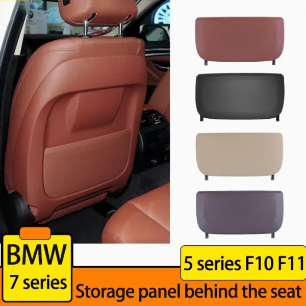 Beige leather seat backrest panel with storage pocket fitted to the back of a BMW front seat