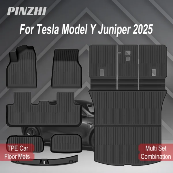 Black tpe car floor mats fitted in the front and rear footwells of a Tesla Model Y Juniper