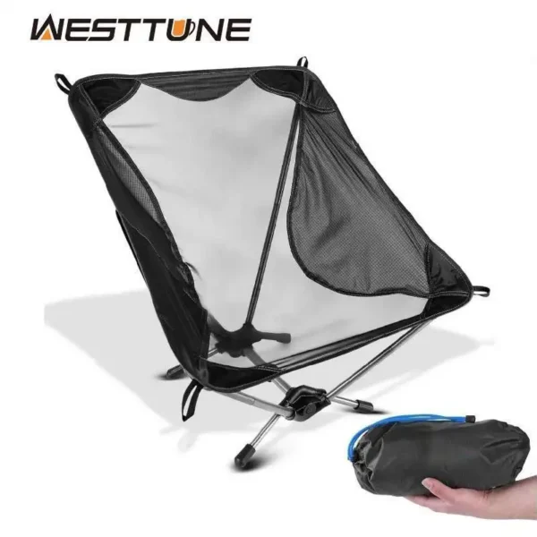 WESTTUNE ultralight backpacking chair with mesh seat and aluminum frame set up at camp