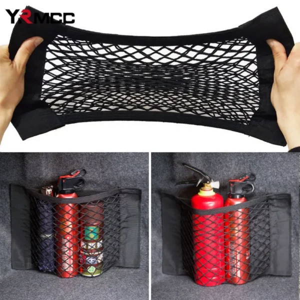Car trunk mesh bag with double layer elastic net holding small items in a car trunk