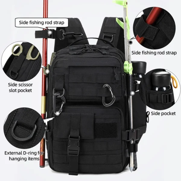 Black tactical assault pack with molle webbing and side straps holding a fishing rod