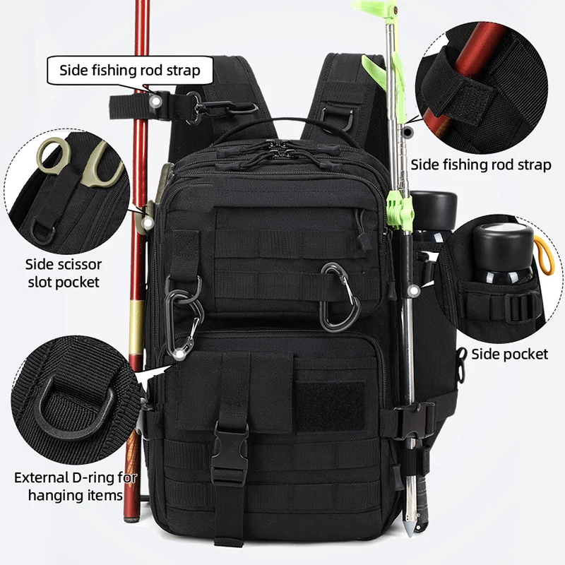 Tactical Assault Pack Molle Oxford Backpack with Breathable Back 1 Black tactical assault pack with molle webbing and side straps holding a fishing rod
