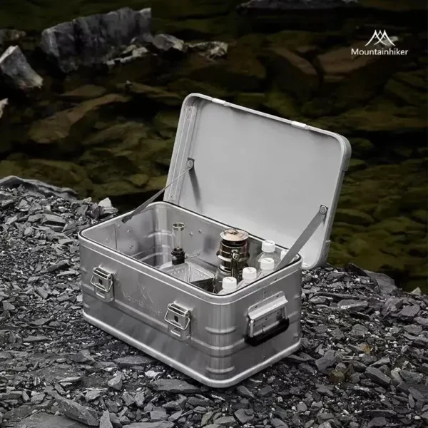 Waterproof aluminum storage box in silver with double handles and seal ring lid open