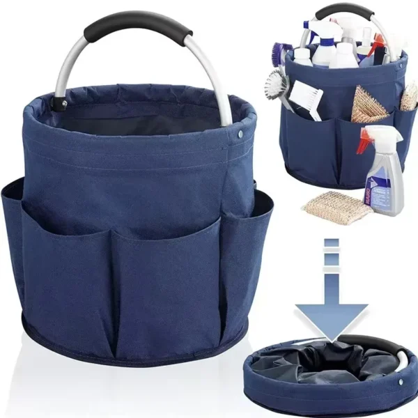 17L folding storage basket in green with handle holding car wash sprays and cloths
