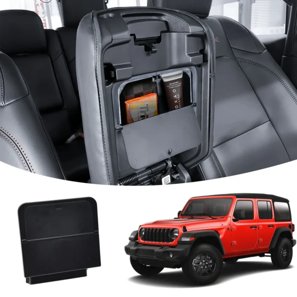 Black hidden console organizer box installed inside a Jeep Wrangler JL center console armrest
