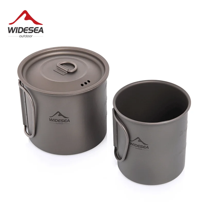 Titanium Camping Mug Lightweight Cup in 200ml to 750ml Sizes 1 Titanium camping mug with folding handle shown alongside smaller nesting titanium cups