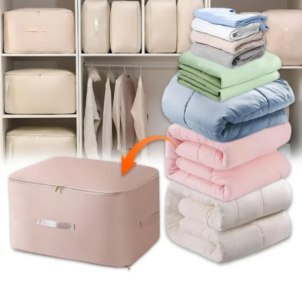 Gray self compression storage bag packed with a folded quilt and zipped flat