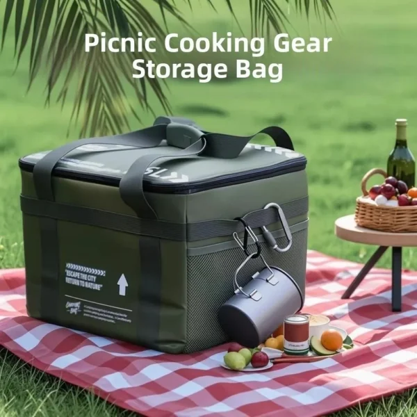 Foldable camping storage bag in khaki packed with camp kitchenware on a picnic table