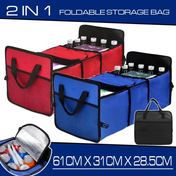 Boot organizer cooler bag unfolded in a car trunk with partitions holding drinks and groceries