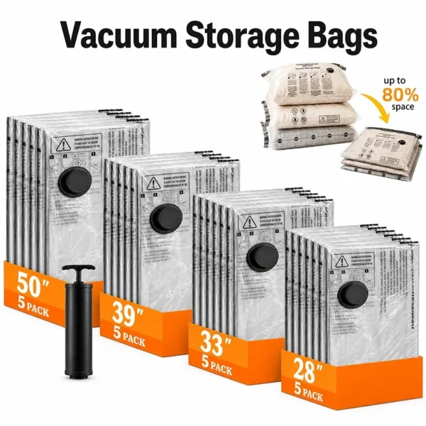 Triple seal vacuum bags compressed flat with clothes inside and turbo valve on top