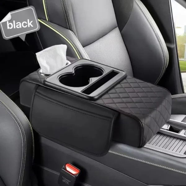 Quilted armrest height pad with a cup and phone in the top slots on a car console